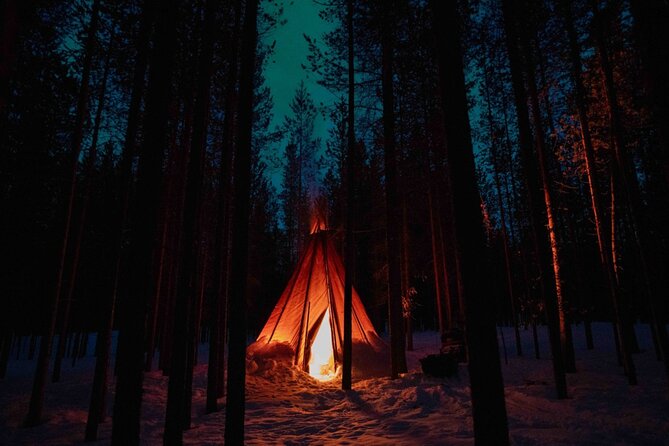 Ivalo: Aurora Hunting with Reindeer - Roasting Reindeer Sausages Over an Open Fire and Warming Up in the Hut